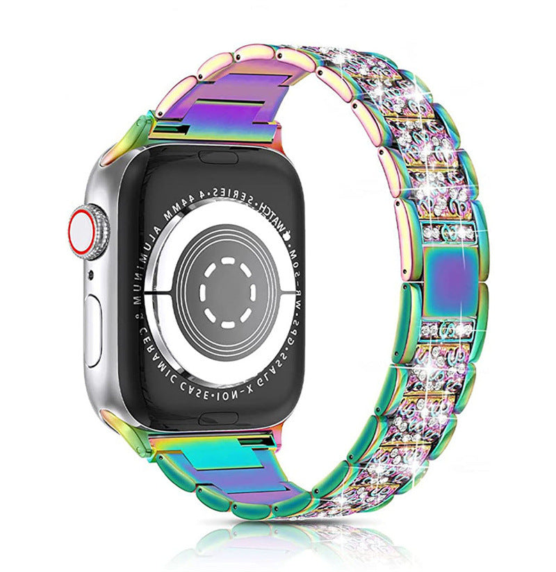 Close-up of colourful Apple Watch band with rhinestone accents