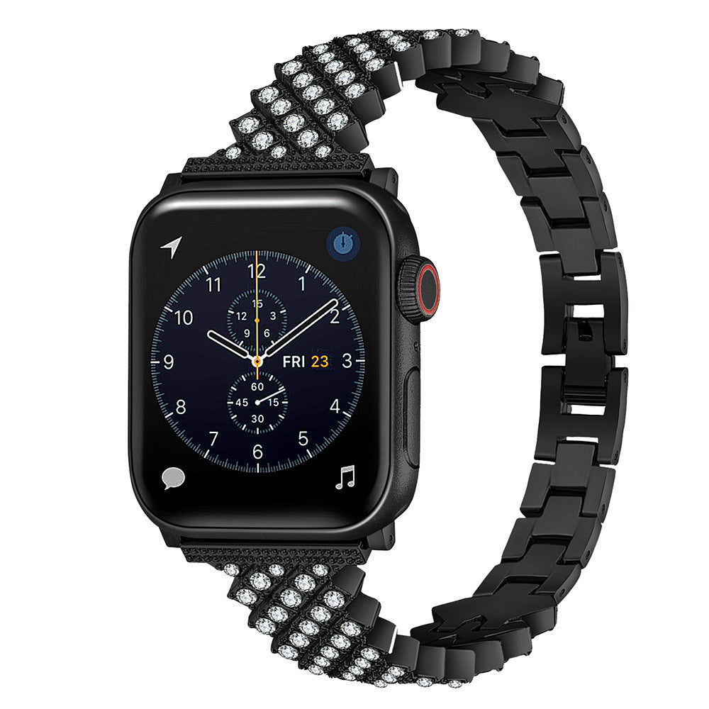 Black diamond-studded Apple Watch band showing details