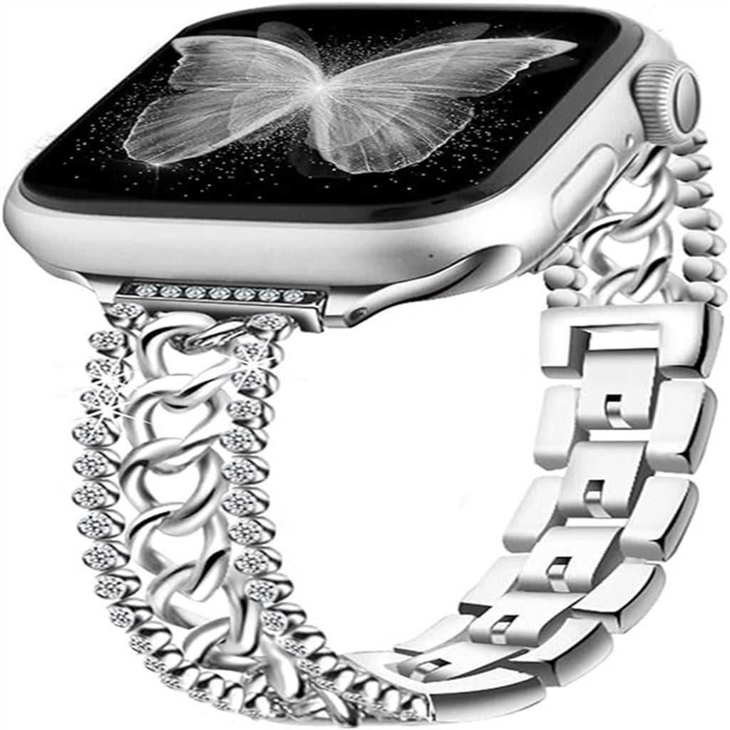 Stylish Diamond Denim Chain Apple Watch Band in silver