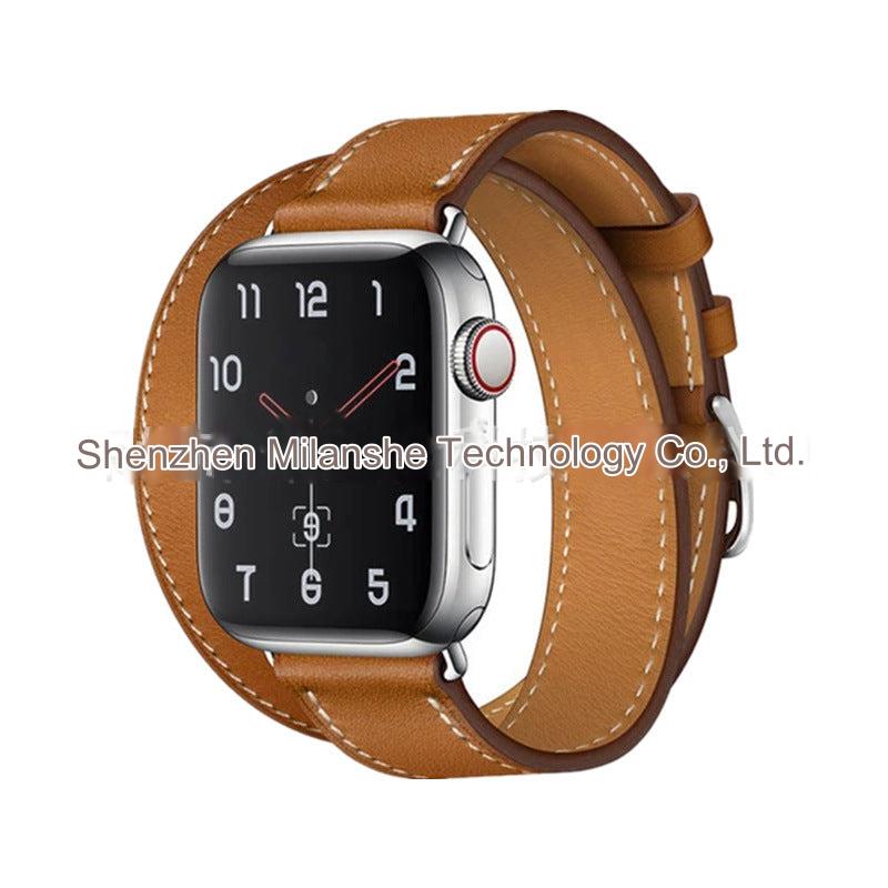 Close-up of pin buckle on leather Apple Watch band