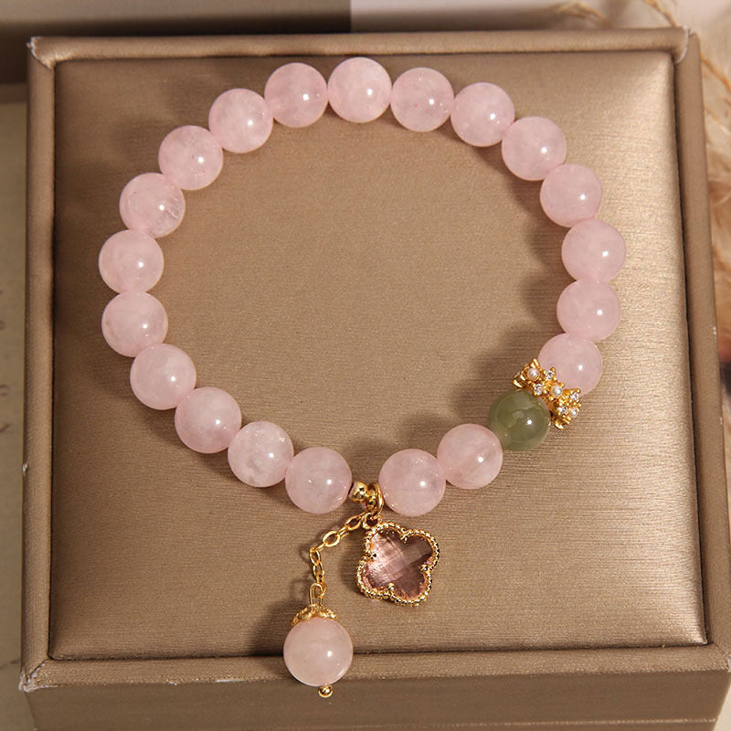 Four-Leaf Clover Pendant on Rose Quartz Bracelet - image 4