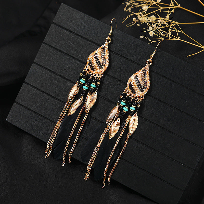 Unique bohemian earrings on model