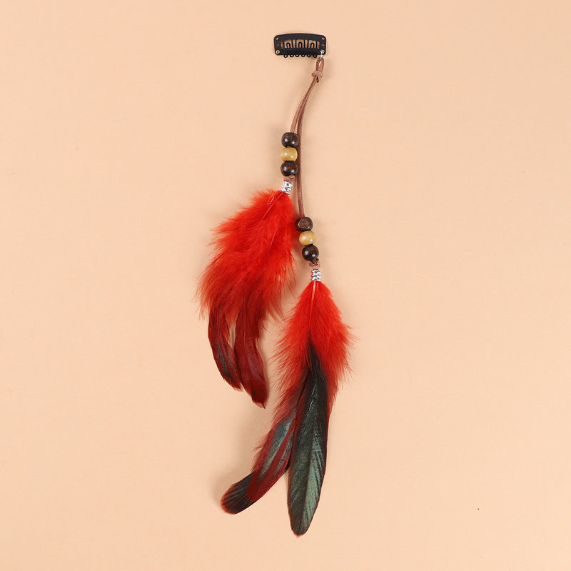 Side view of colourful feather hair clip