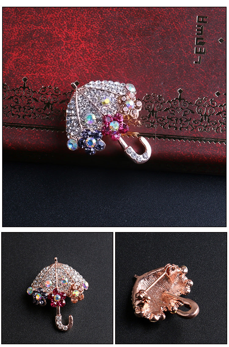 Elegant Rhinestone Umbrella Brooch front view