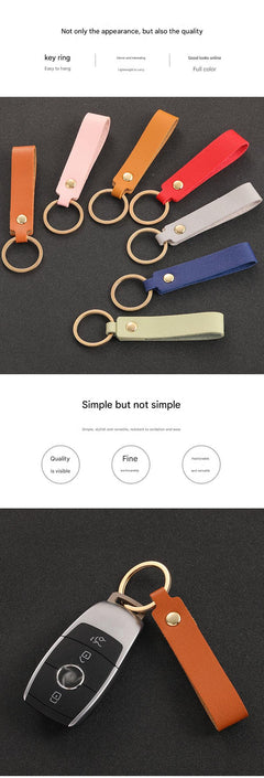 Assortment of colourful PU leather keychains displayed