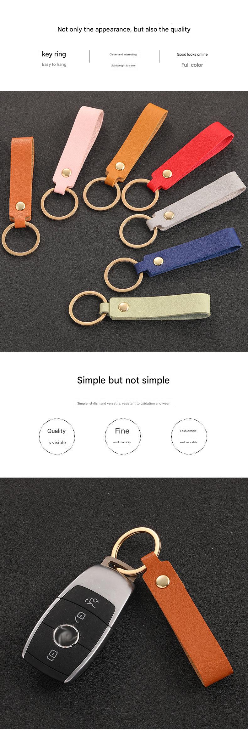 Assortment of colourful PU leather keychains displayed