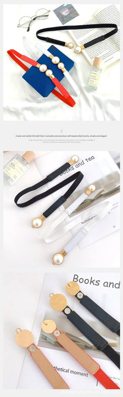 Elegant pearl buckle women's waist belt on white background