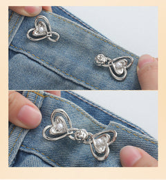 Close-up of metal waist button for custom sizing