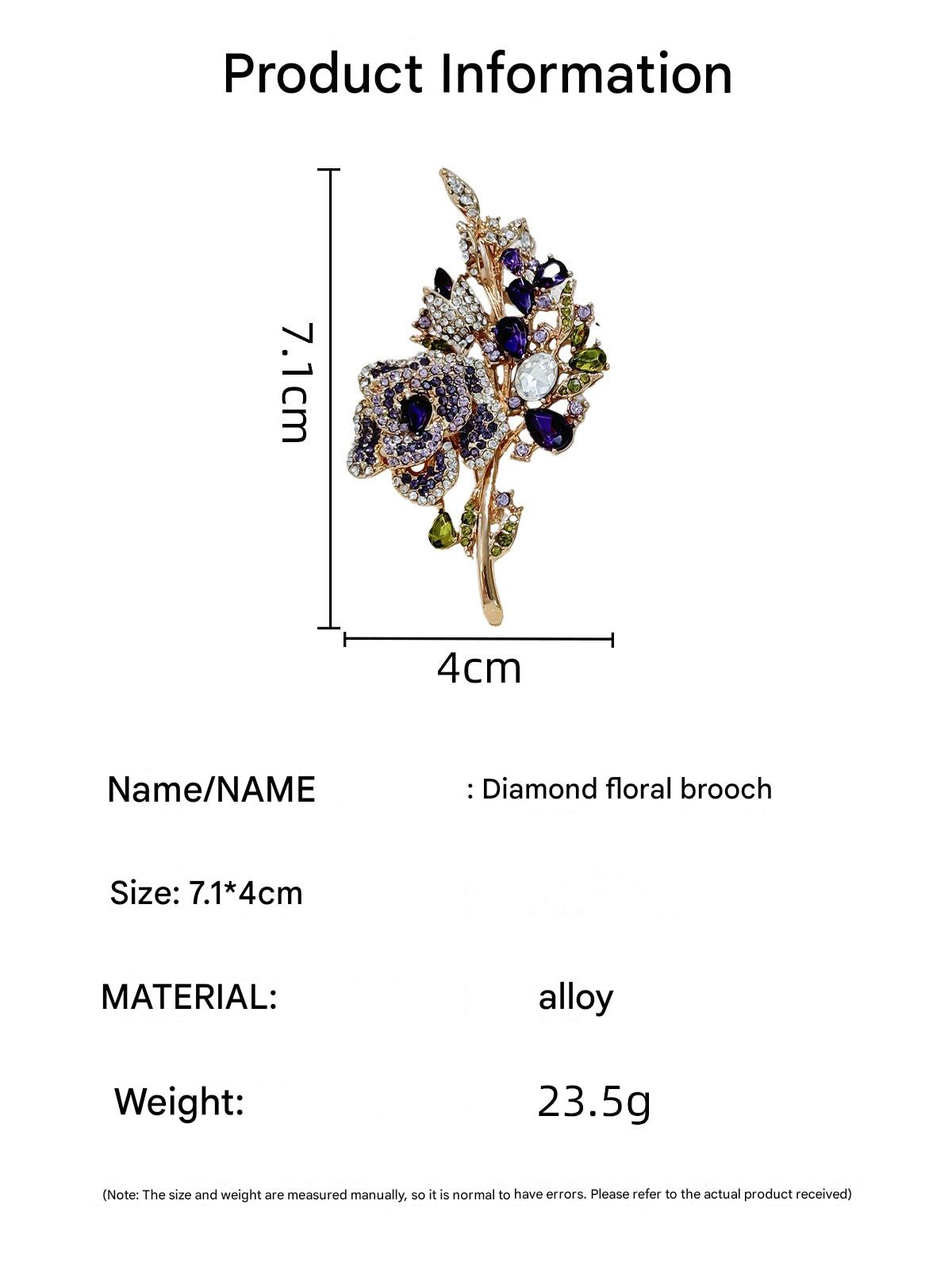 Elegant alloy rhinestone rose bouquet brooch pin on display