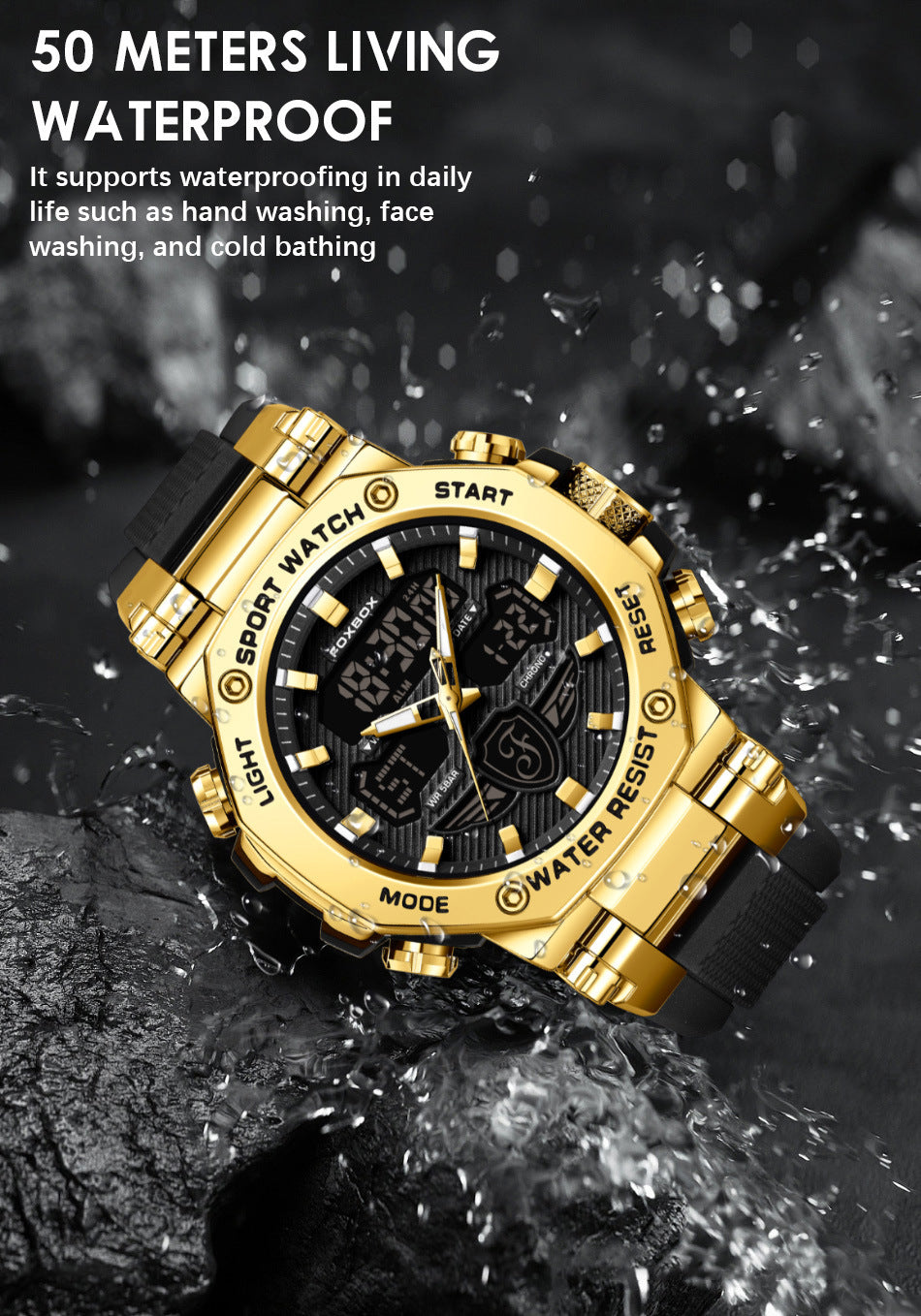 Water resistant sports watch with analog display