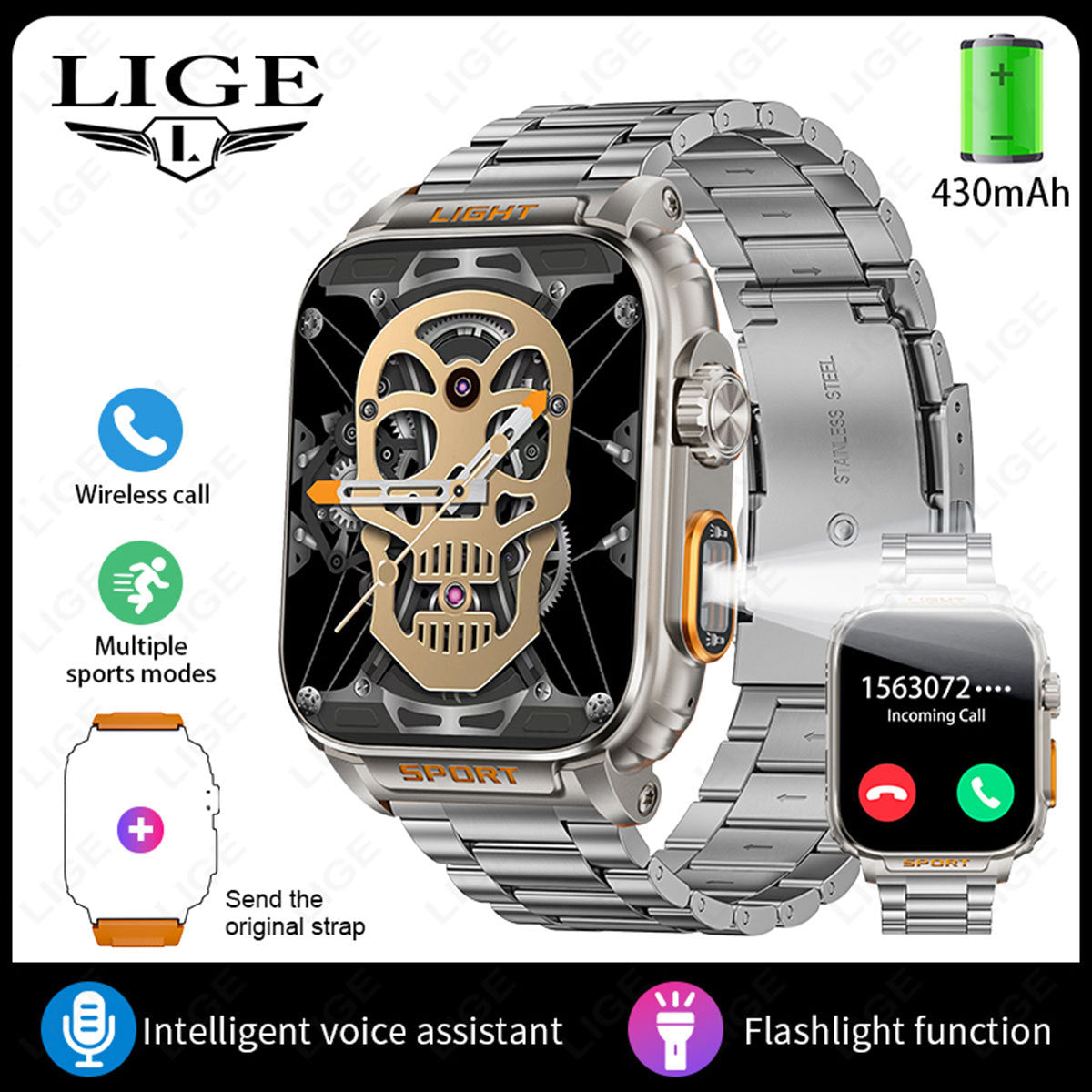 LIGE smartwatch display screen highlighting functions