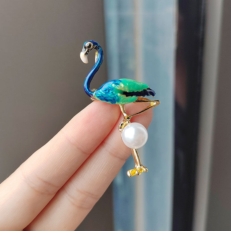 Charming Enamel Flamingo Pearl Brooch front view