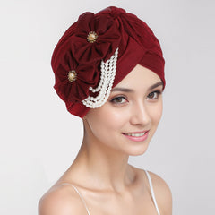 Stylish floral pearl accessory hijab cap in white