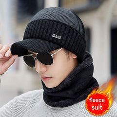 Model wearing stylish winter hat and scarf outdoors