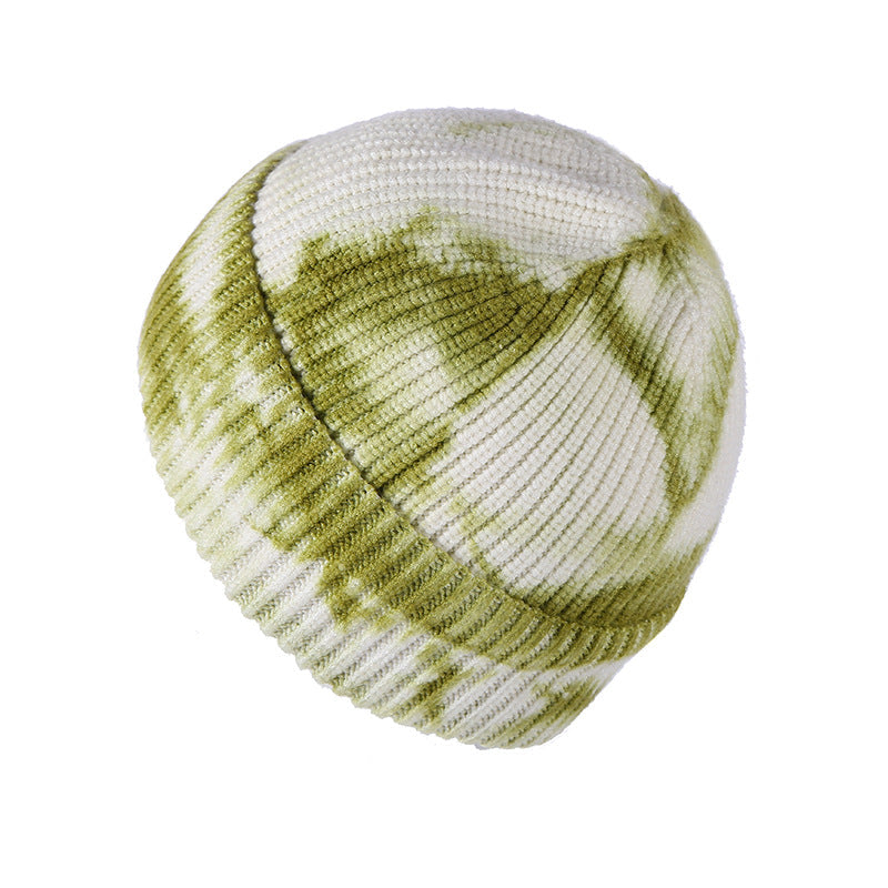 Blue tie-dye beanie in natural lighting