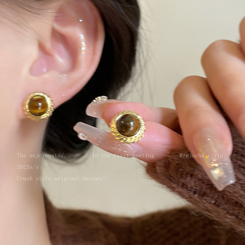 Vintage style tiger eye stone earrings front view