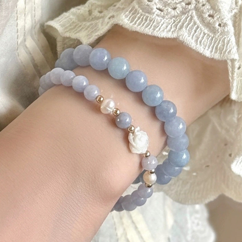 close up image of handcrafted blue beaded bracelet