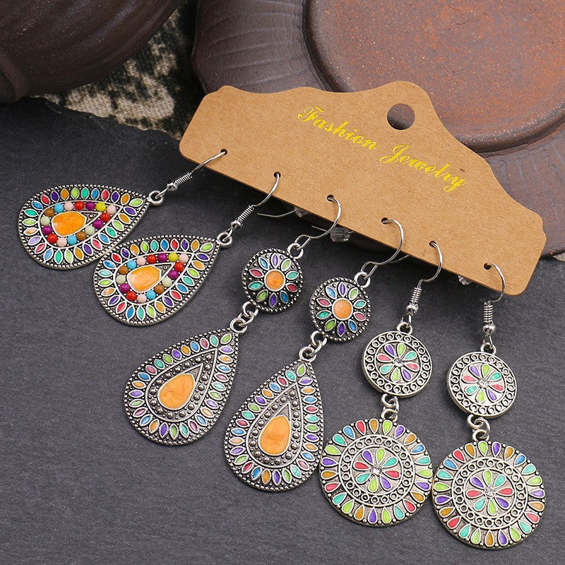 Close-up of alloy vintage earrings set for women