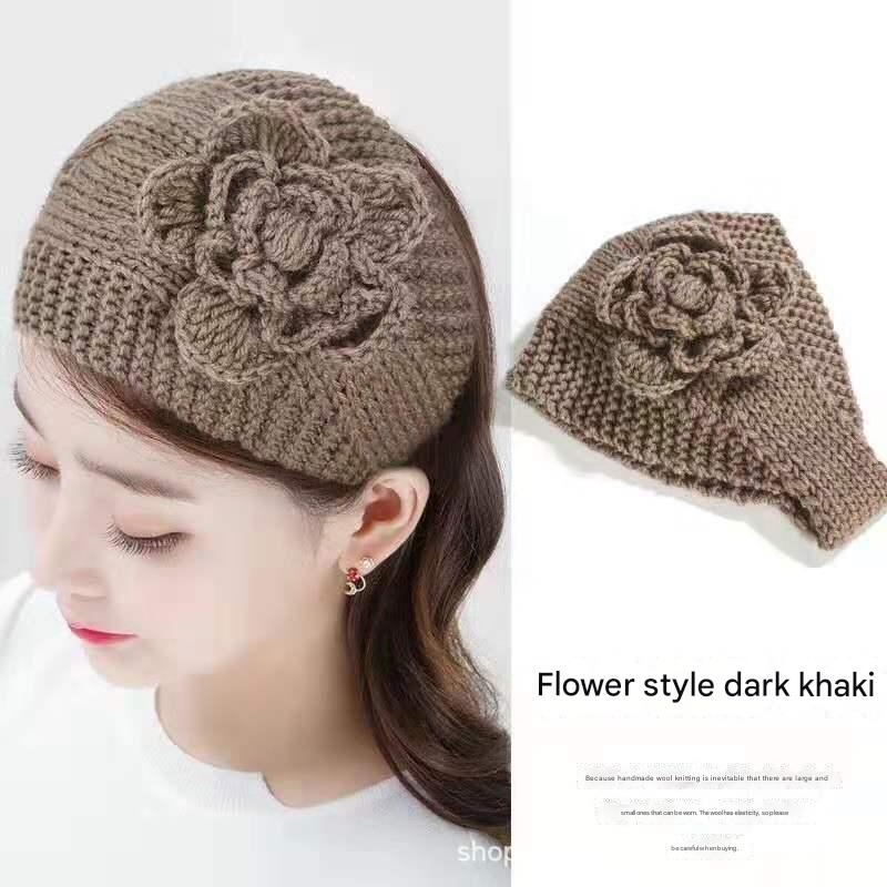 cozy knitted floral headband in navy blue