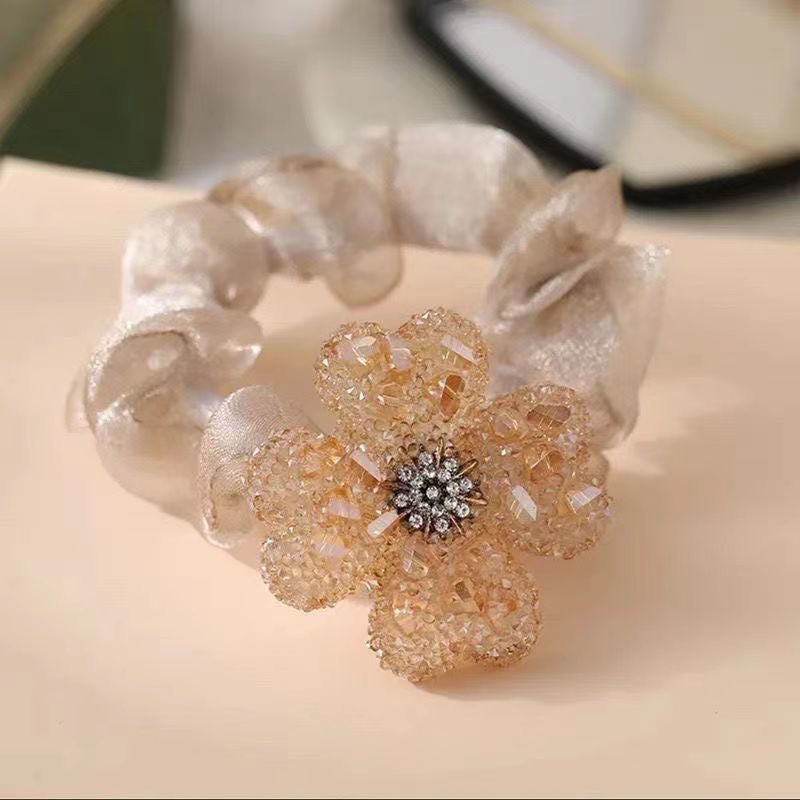 stylish clover pattern hair scrunchie in champagne colour