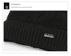 Close-up of men's beanie hat showing knit details