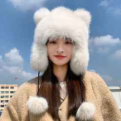Cute plush winter hat with bear ears front view