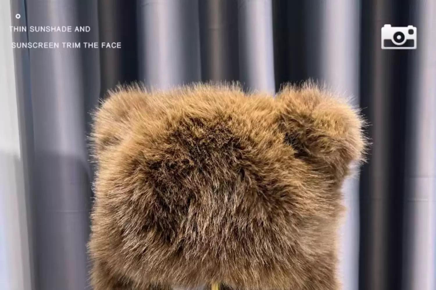 Cute plush winter hat with bear ears front view