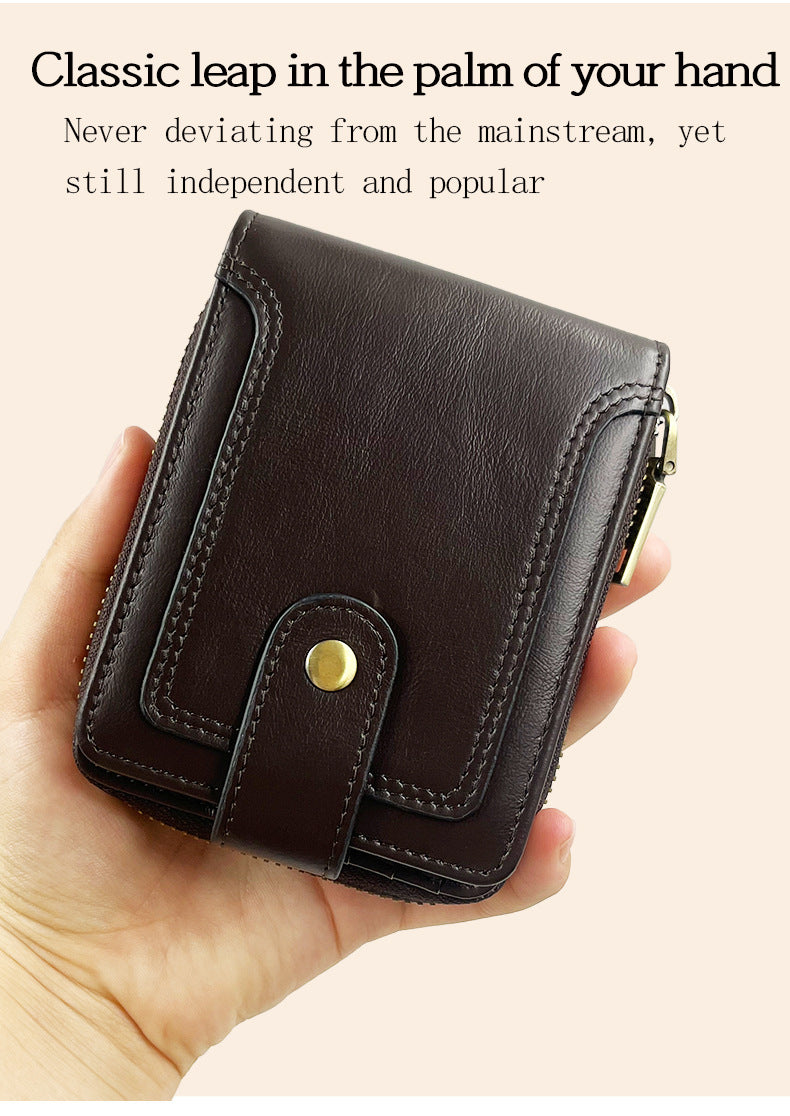 Premium leather wallet in black with zipper and card slots