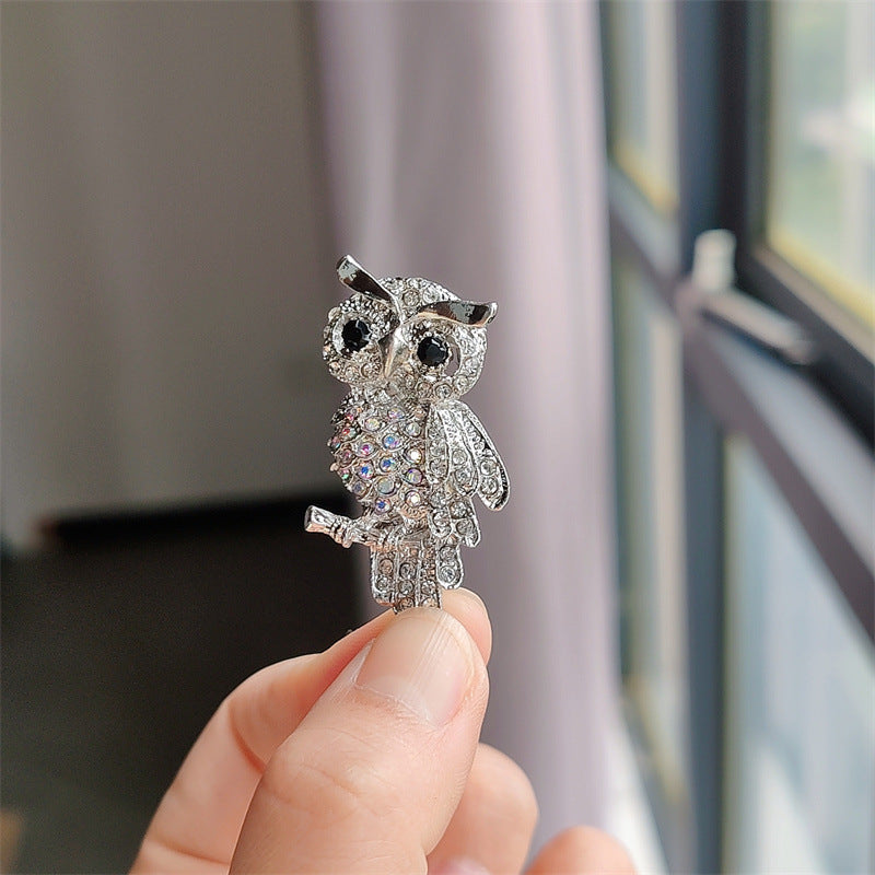 Silver Owl Brooch with Shimmering Crystals