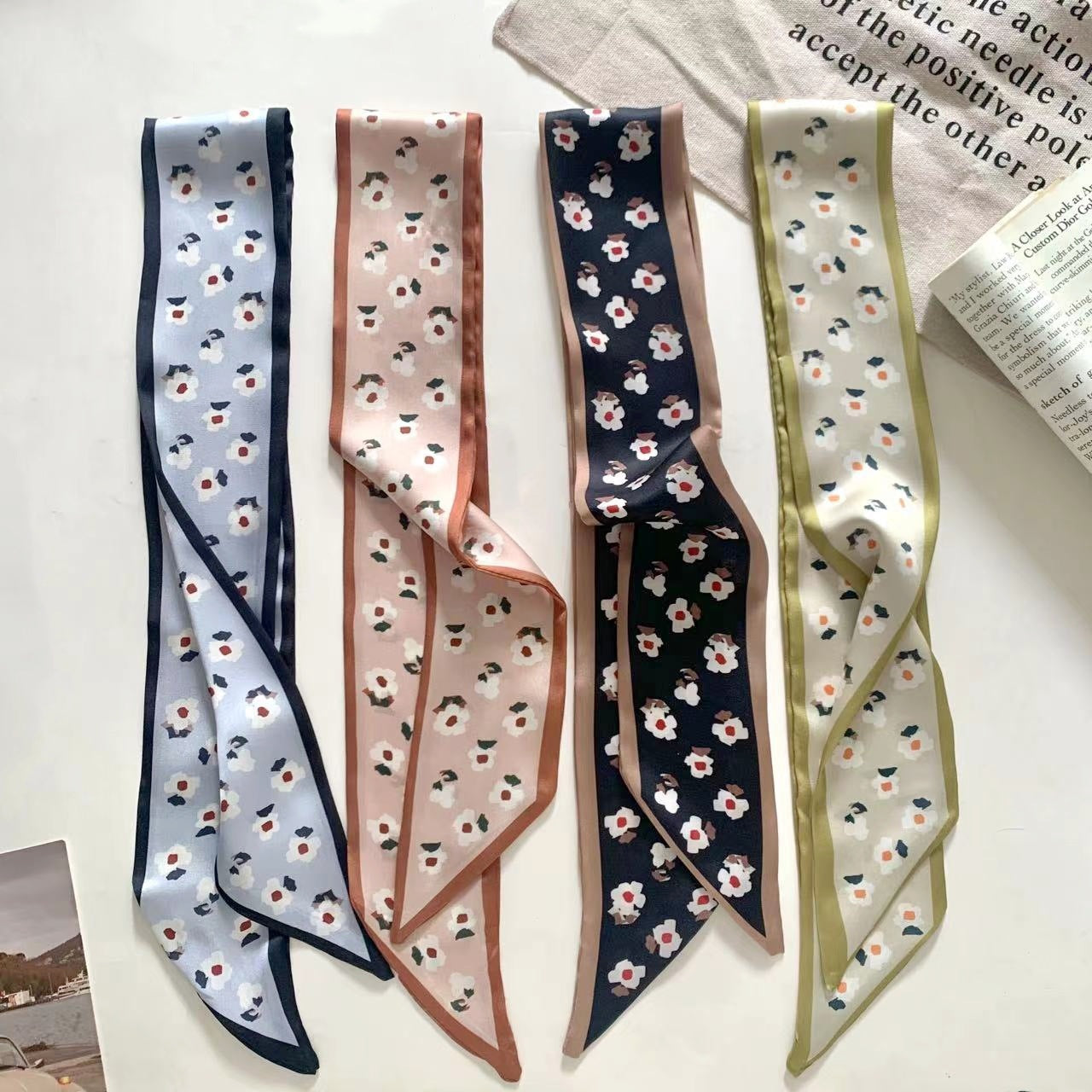 Elegant daisy print scarf worn as headband image 2